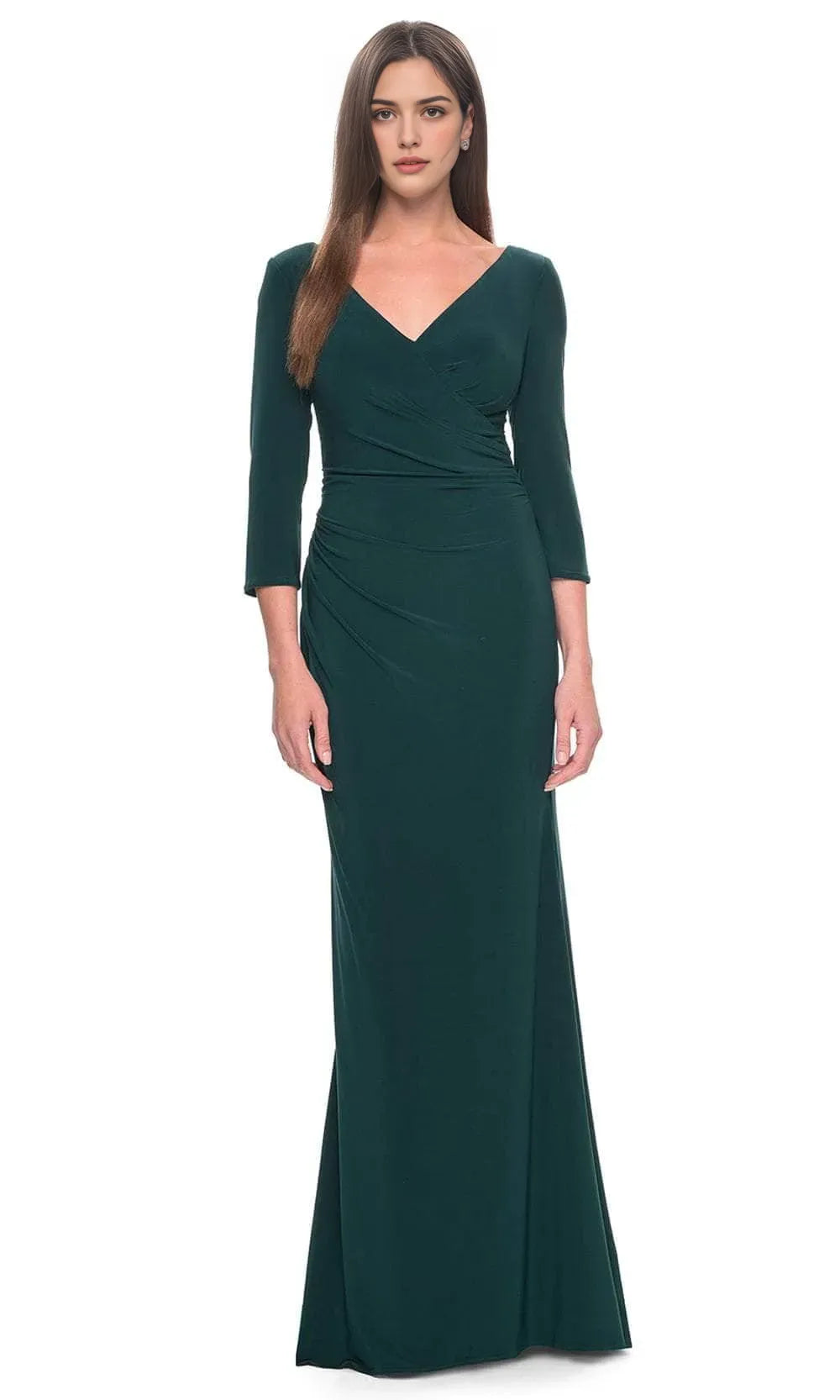 Emerald Green Wrap - Style Evening Dress with 3/4 Sleeves and V - Neckline Long Satin for Elegant Occasions
