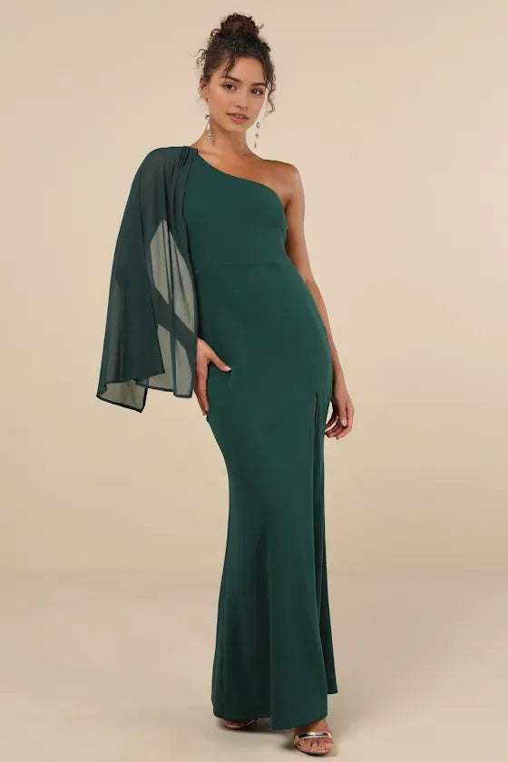 Emerald Green One - Shoulder Prom Dress with Chiffon Cape Sleeve Bodycon Fit and High - Thigh Side Slit Perfect for Formal Galas