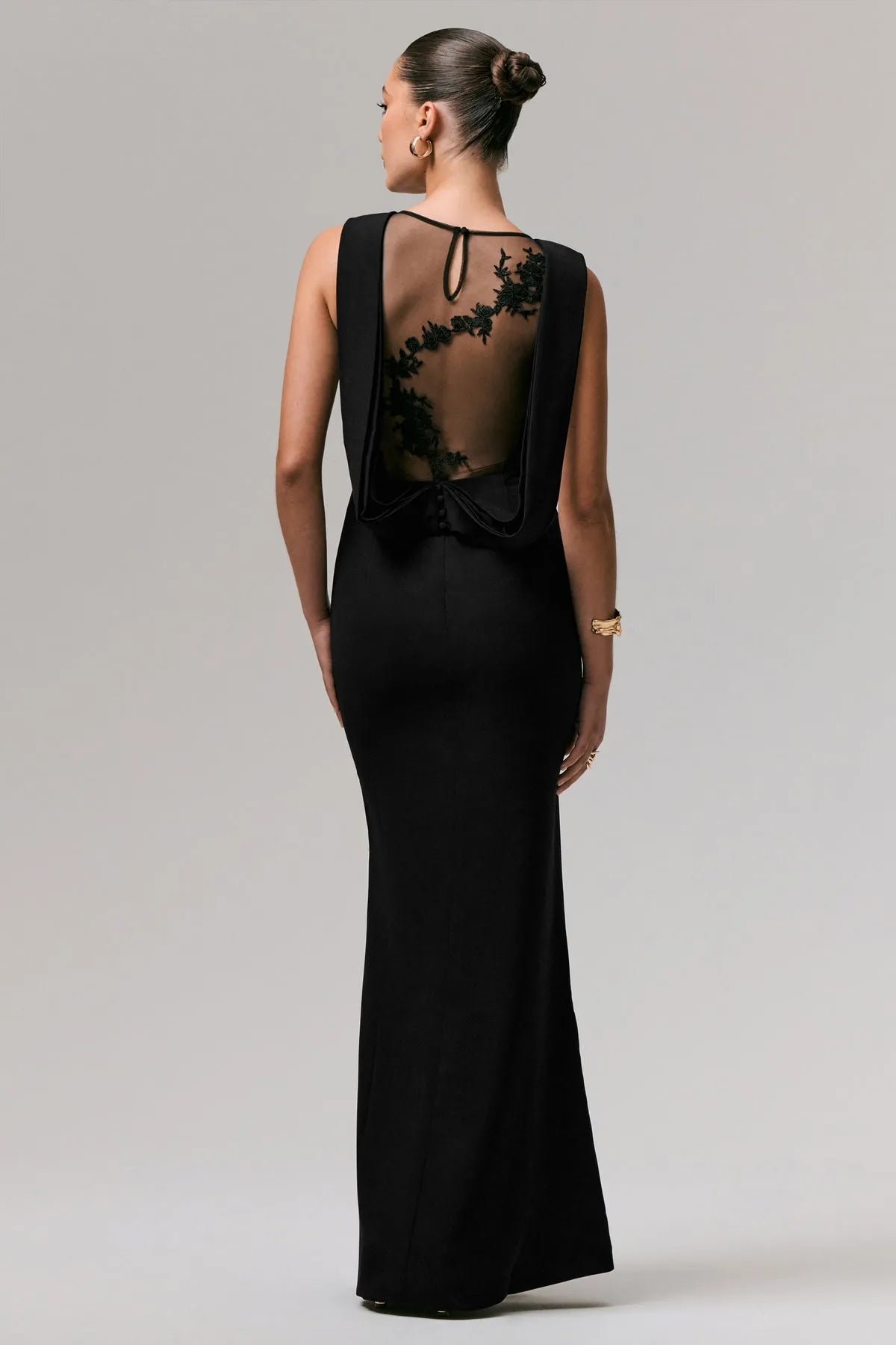 Enchanted Black Mermaid Gown with Sheer Lace Back  Artistic Drape forTimeless Events