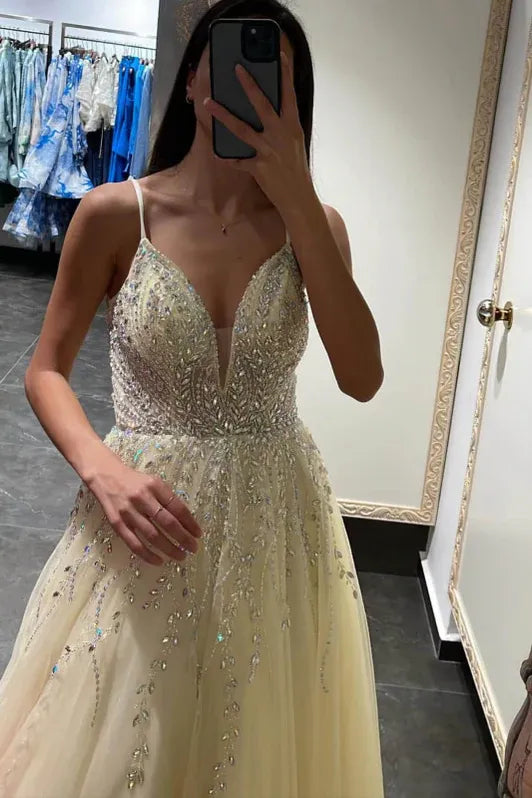 Enchanting A-line Spaghetti-strap Beaded Light Yellow Floor-length Prom Dress for Women Ready to Ship