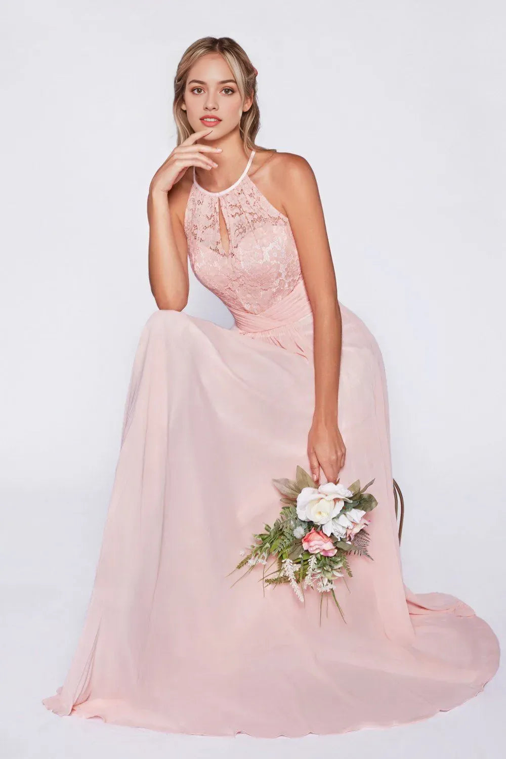 Enchanting Blush Pink Chiffon Prom Dress with Halter Neckline Lace Bodice A Fairytale Vision for Memorable Nights