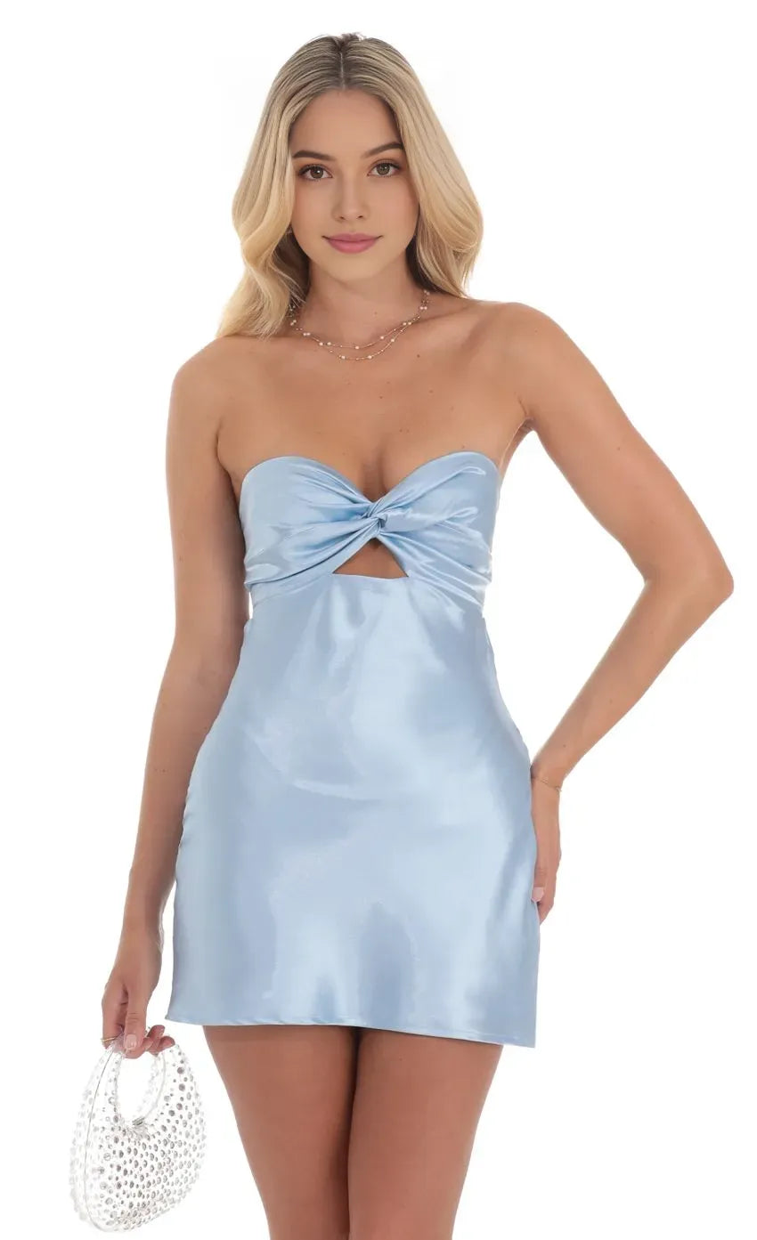 Enchanting Light Blue Satin Homecoming Dress Strapless Neckline Bow Front Cutout Ideal for Creating Memorable Reunion Looks