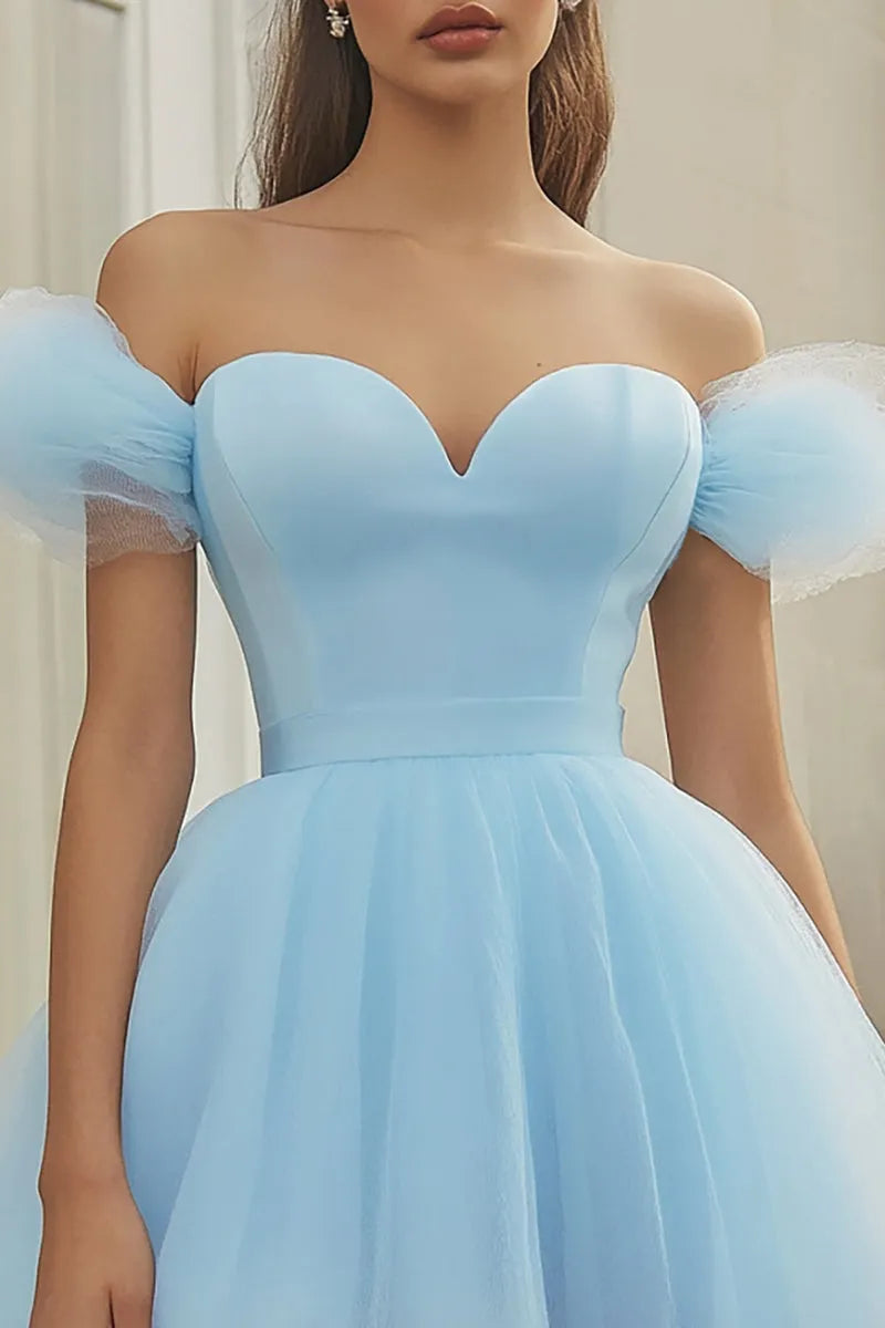 Enchanting Light Blue Tulle Off - Shoulder Homecoming Dress with Puff Sleeves ﻿