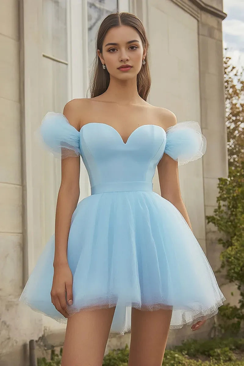 Enchanting Light Blue Tulle Off - Shoulder Homecoming Dress with Puff Sleeves ﻿