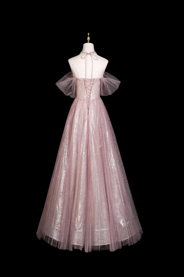 Enchanting Off-the-Shoulder Beaded Pink Glitter Tulle Long Prom Dresses