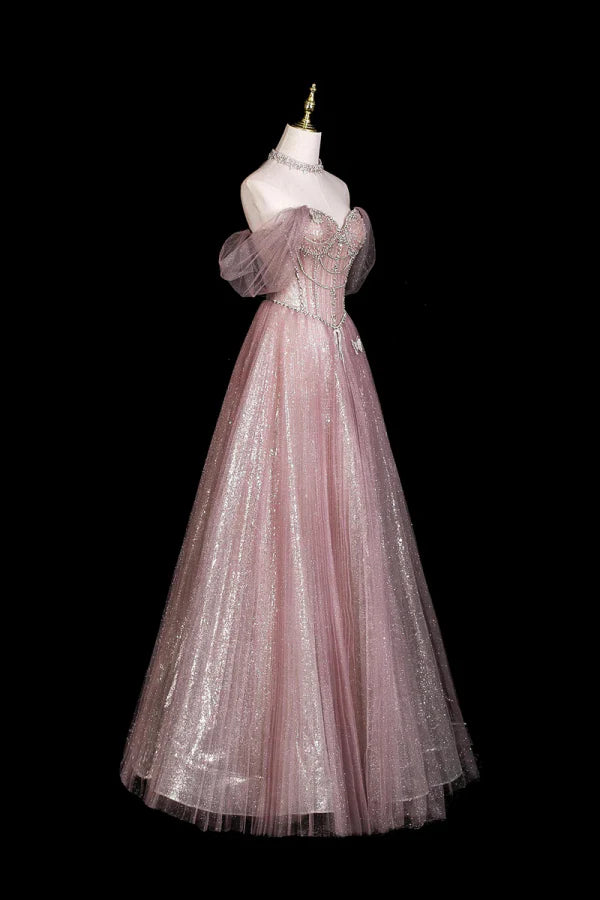 Enchanting Off-the-Shoulder Beaded Pink Glitter Tulle Long Prom Dresses
