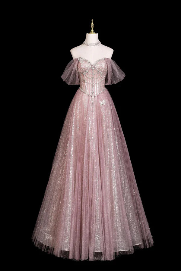 Enchanting Off-the-Shoulder Beaded Pink Glitter Tulle Long Prom Dresses
