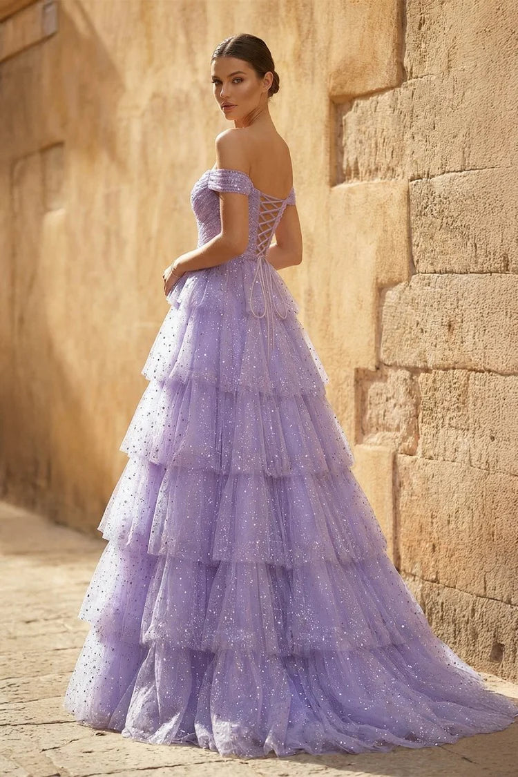 Enchanting Tiered Off-the-Shoulder Sequin Lavender Long Prom Dress