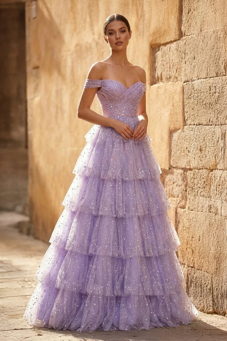 Enchanting Tiered Off-the-Shoulder Sequin Lavender Long Prom Dress