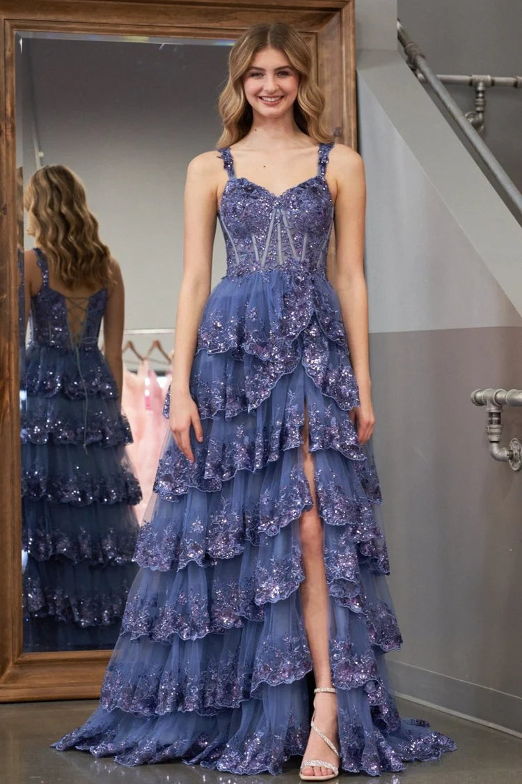 Enchanting Tiered Spaghetti Strap Sequin Slate Blue Long Prom Dress