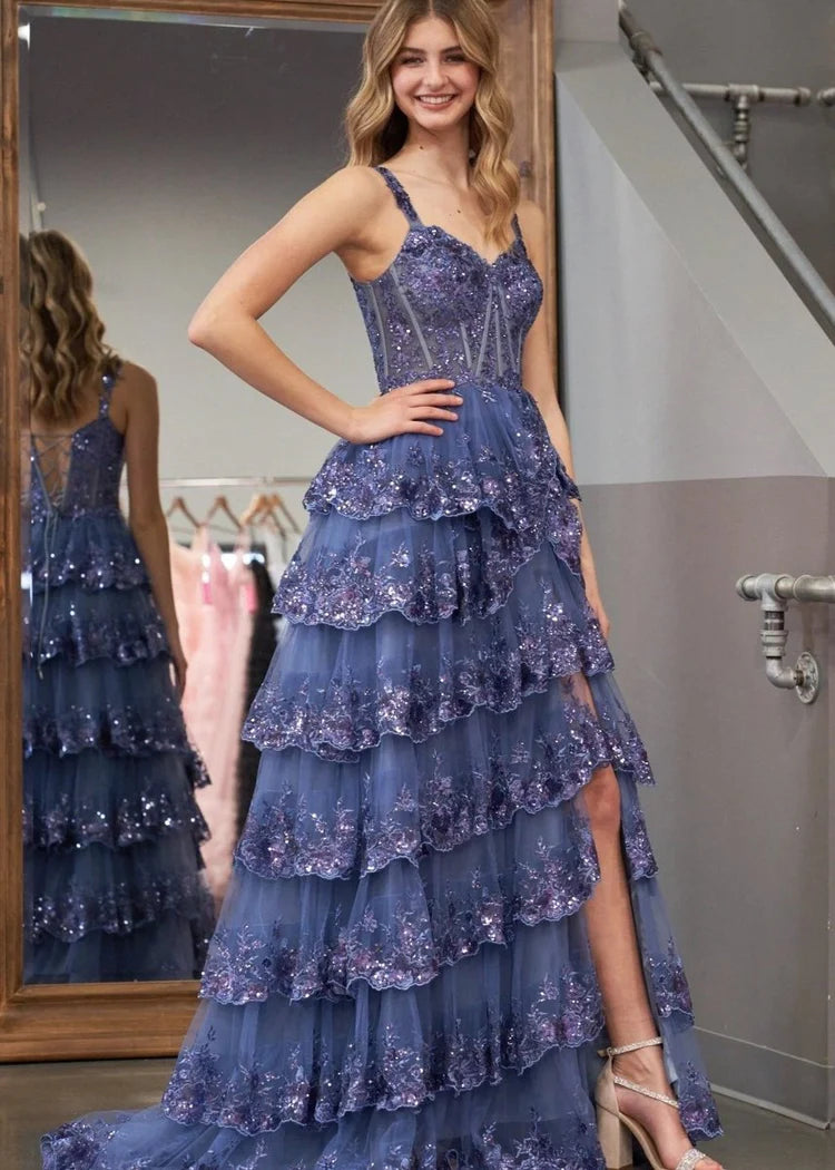Enchanting Tiered Spaghetti Strap Sequin Slate Blue Long Prom Dress