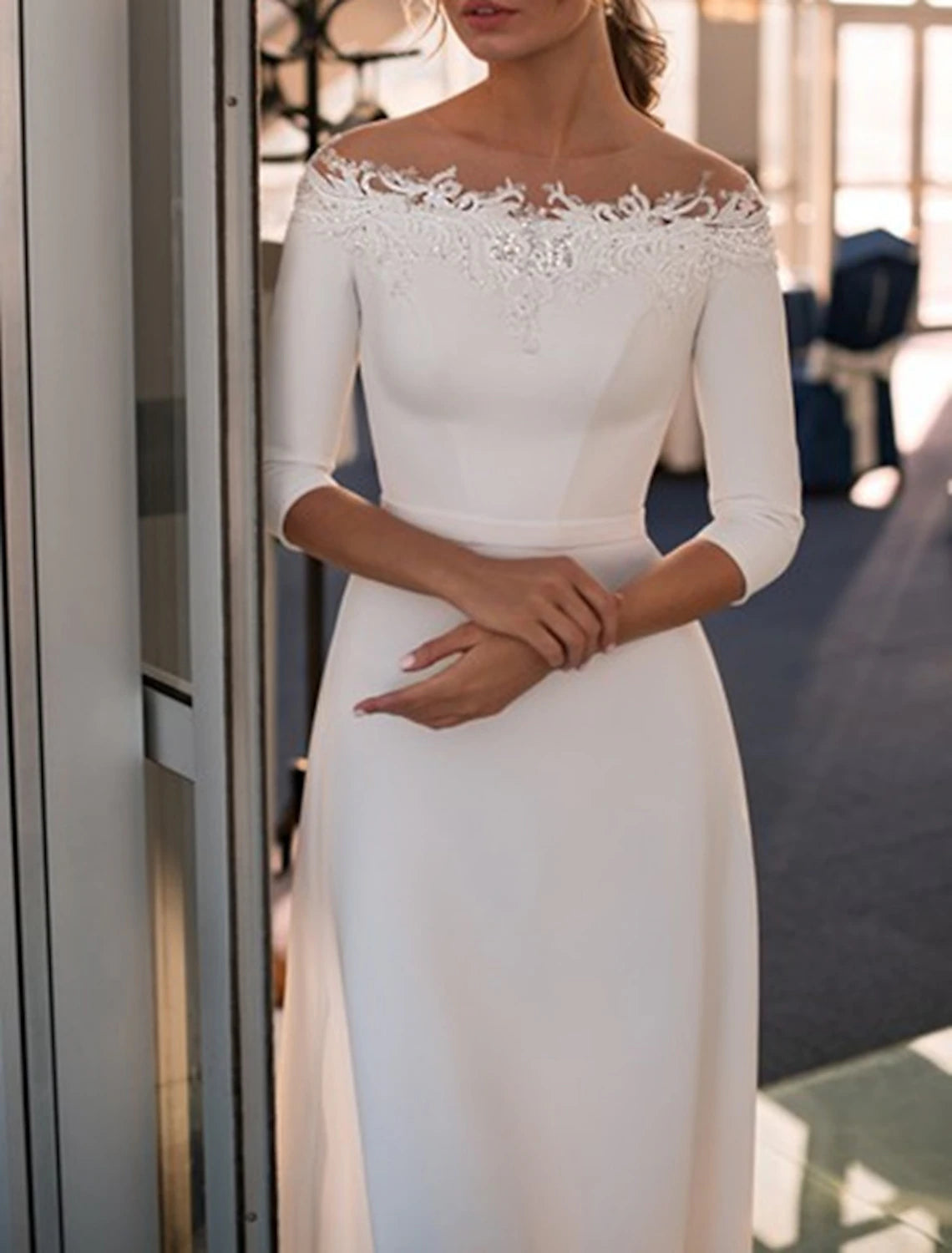Engagement formal wedding dress A-line off shoulder 3/4 sleeve sweeping/brushed lace bridal gown with solid color decals