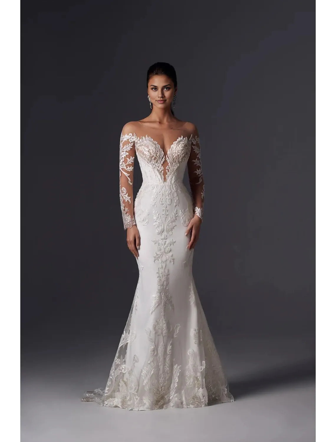 Engagement official wedding dress mermaid off shoulder long sleeved palace training satin wedding dress solid color decal