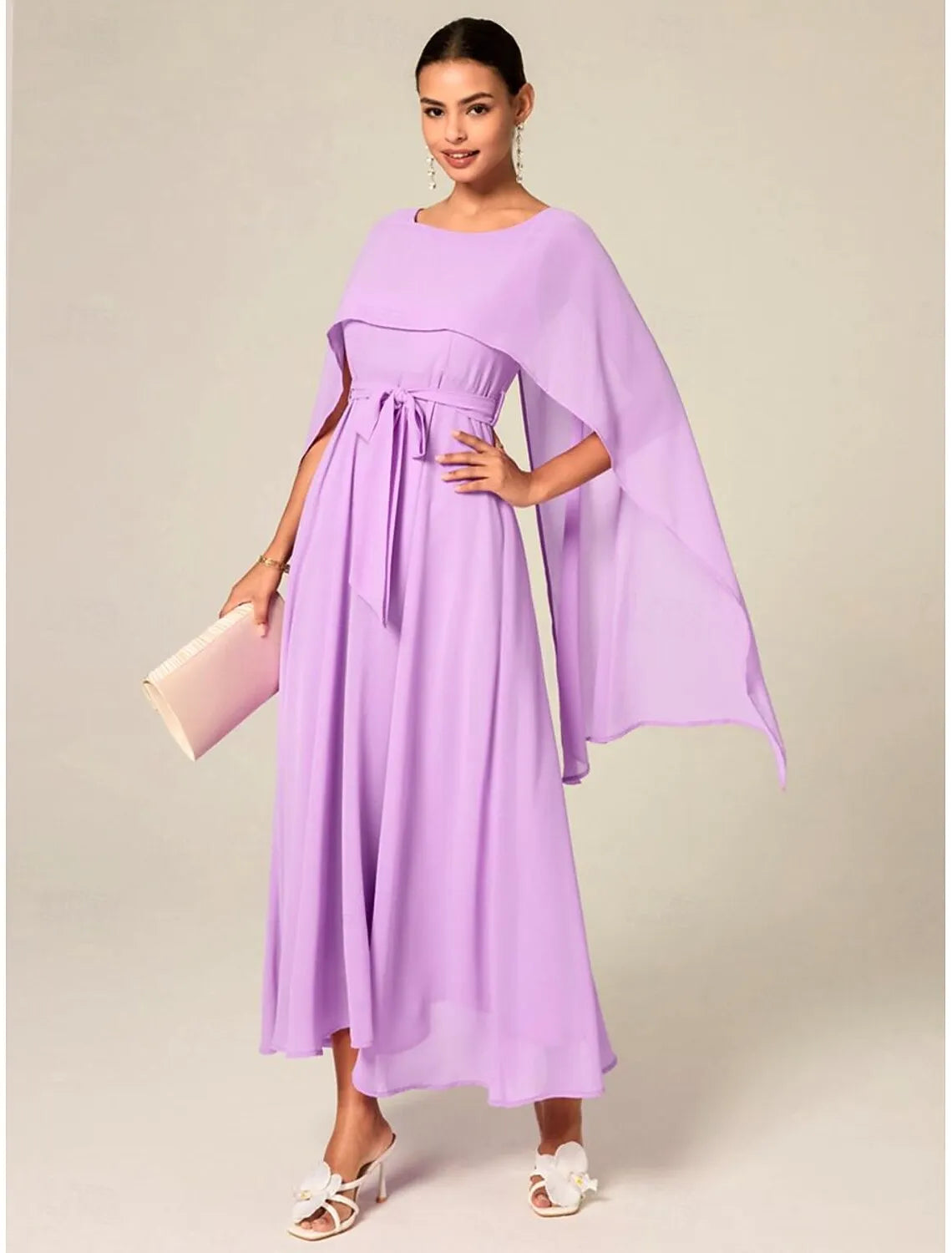 Ethereal A-Line Crew Neck Cape-Sleeve Belted Lilac Midi Prom Dress for Women Ready to Ship