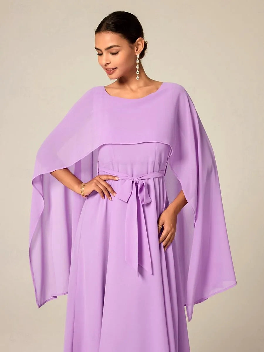 Ethereal A-Line Crew Neck Cape-Sleeve Belted Lilac Midi Prom Dress for Women Ready to Ship