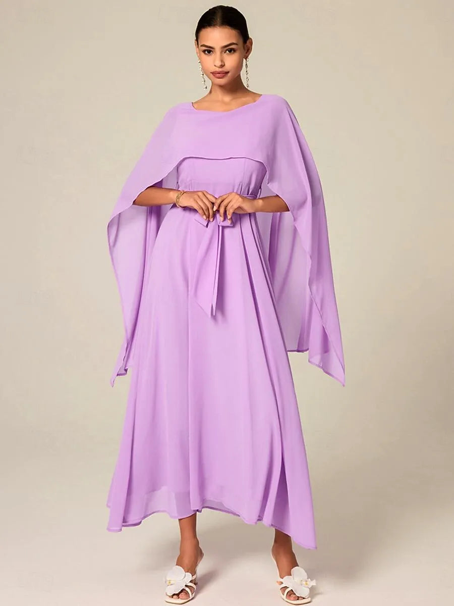 Ethereal A-Line Crew Neck Cape-Sleeve Belted Lilac Midi Prom Dress for Women Ready to Ship
