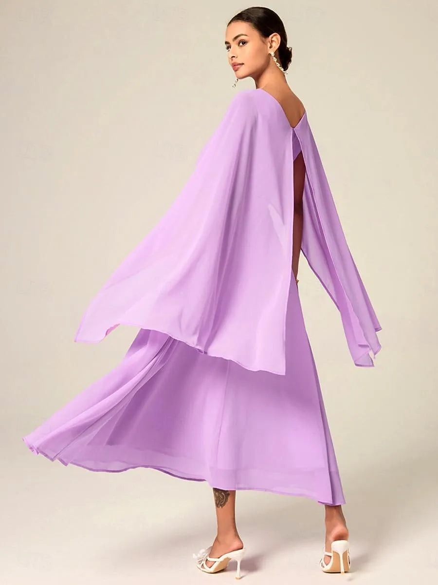 Ethereal A-Line Crew Neck Cape-Sleeve Belted Lilac Midi Prom Dress for Women Ready to Ship