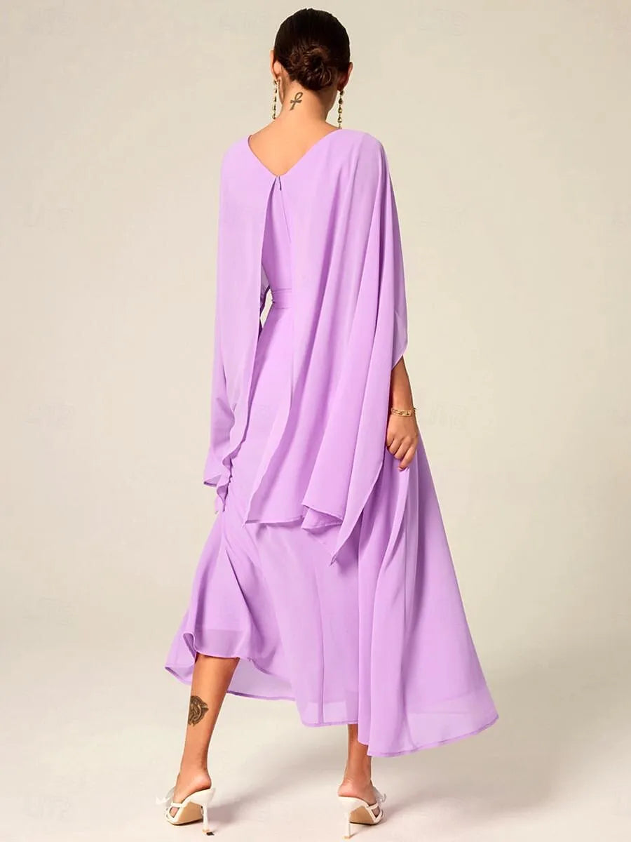 Ethereal A-Line Crew Neck Cape-Sleeve Belted Lilac Midi Prom Dress for Women Ready to Ship