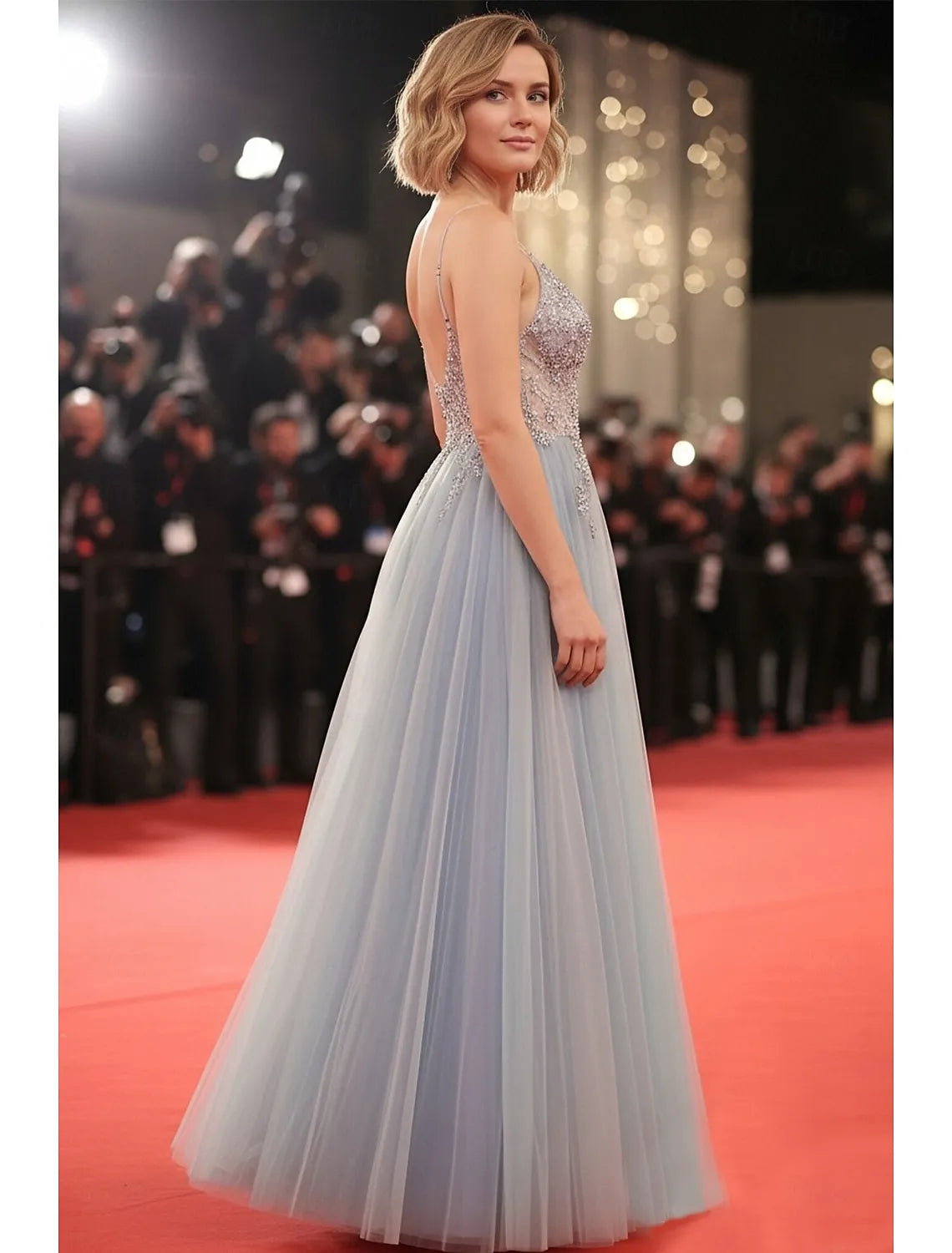 Ethereal A-Line Spaghetti Strap Beaded Ombre Sky Blue Floor Length Prom Dress