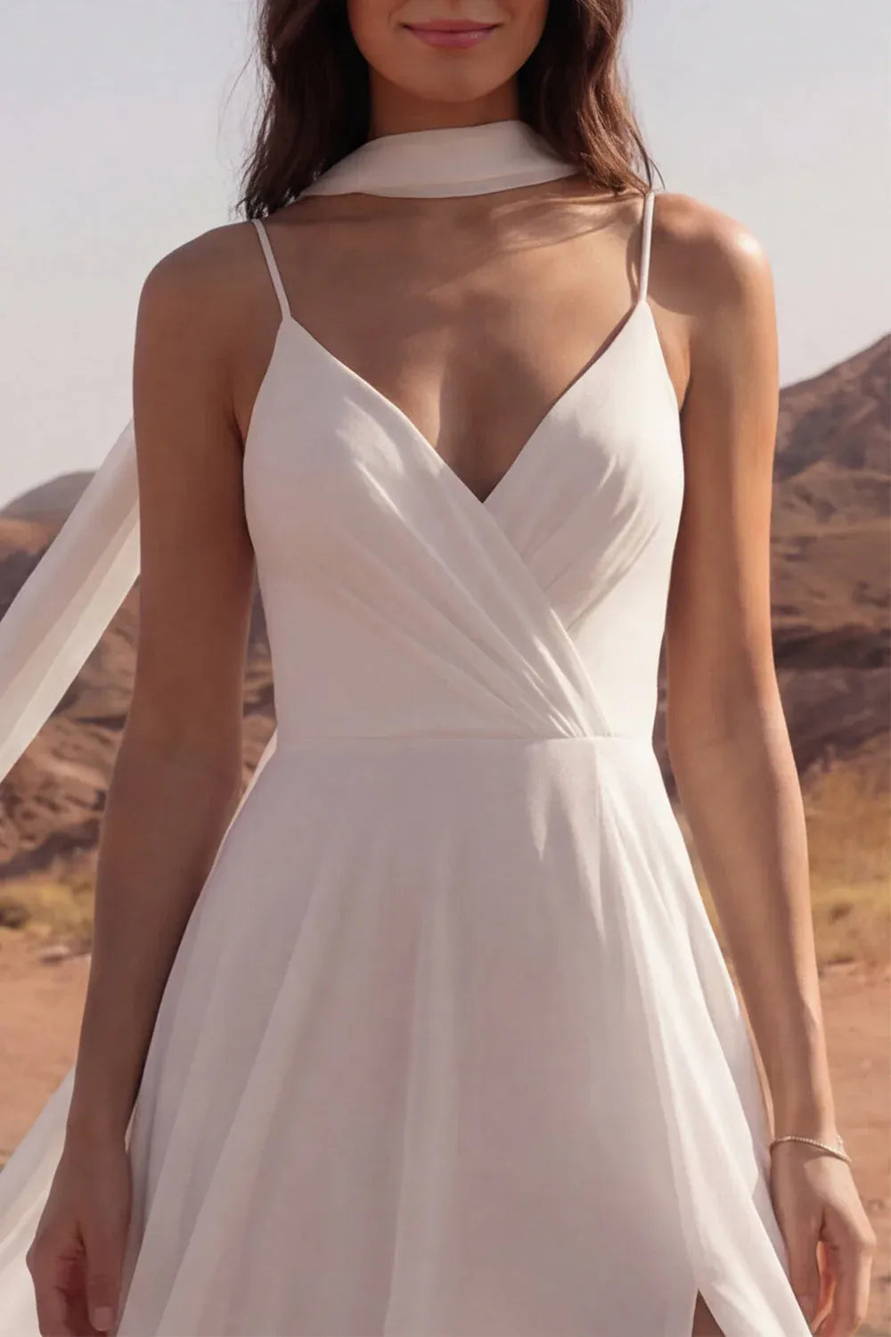 Ethereal A-Line V-Neck Backless White Maxi Wedding Dress With Streamer