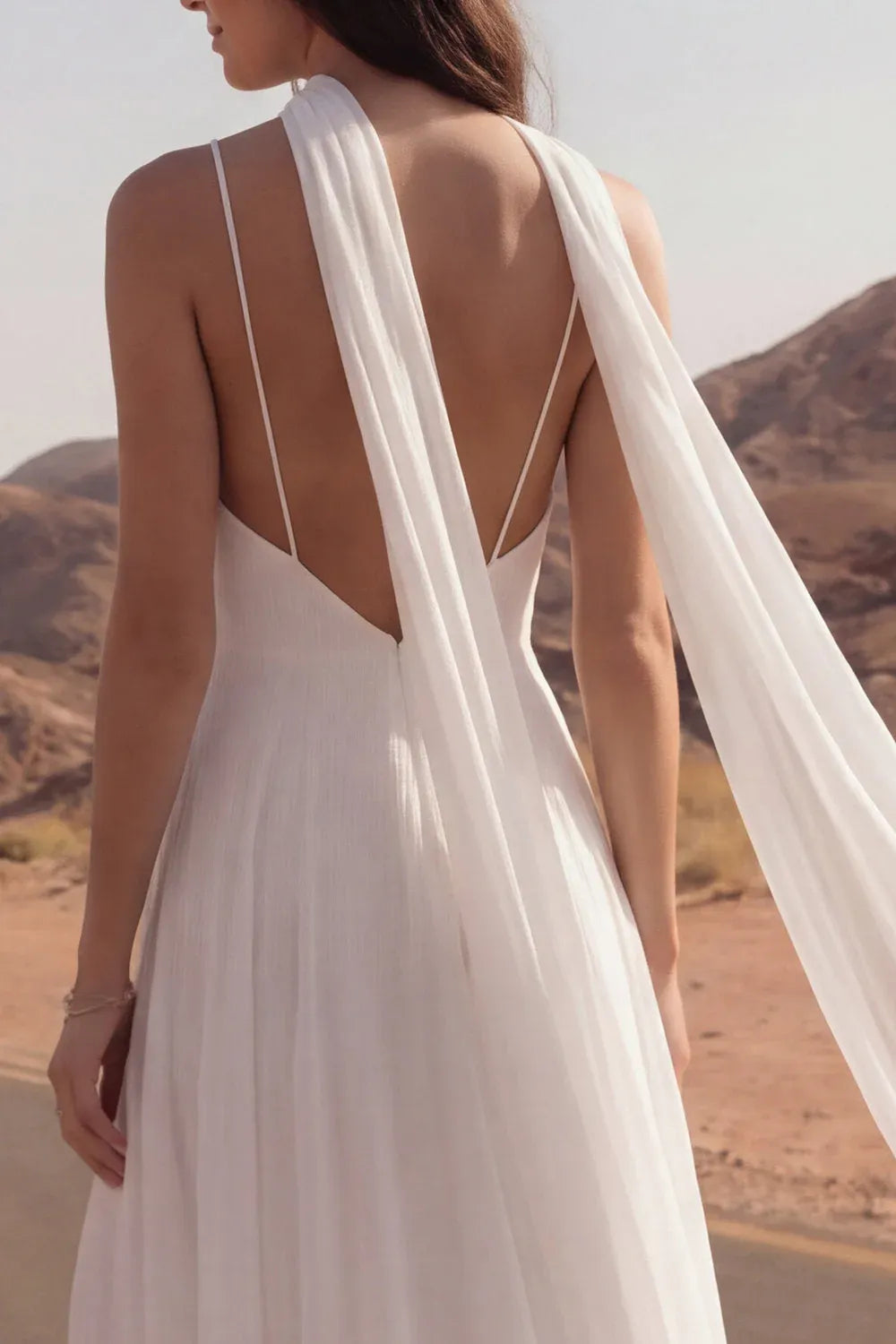 Ethereal A-Line V-Neck Backless White Maxi Wedding Dress With Streamer