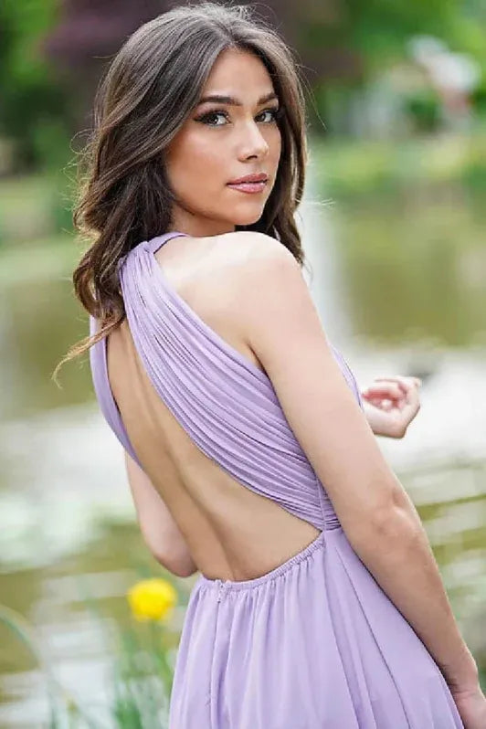 Ethereal A-line Halter-neck Sleeveless Ruched Lilac Floor-length Prom Dress for Women Ready to Ship