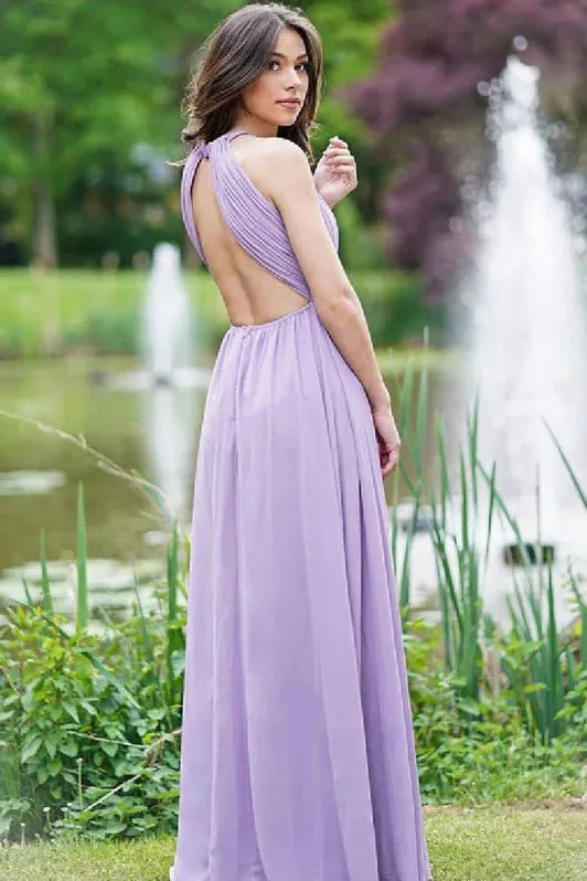 Ethereal A-line Halter-neck Sleeveless Ruched Lilac Floor-length Prom Dress for Women Ready to Ship