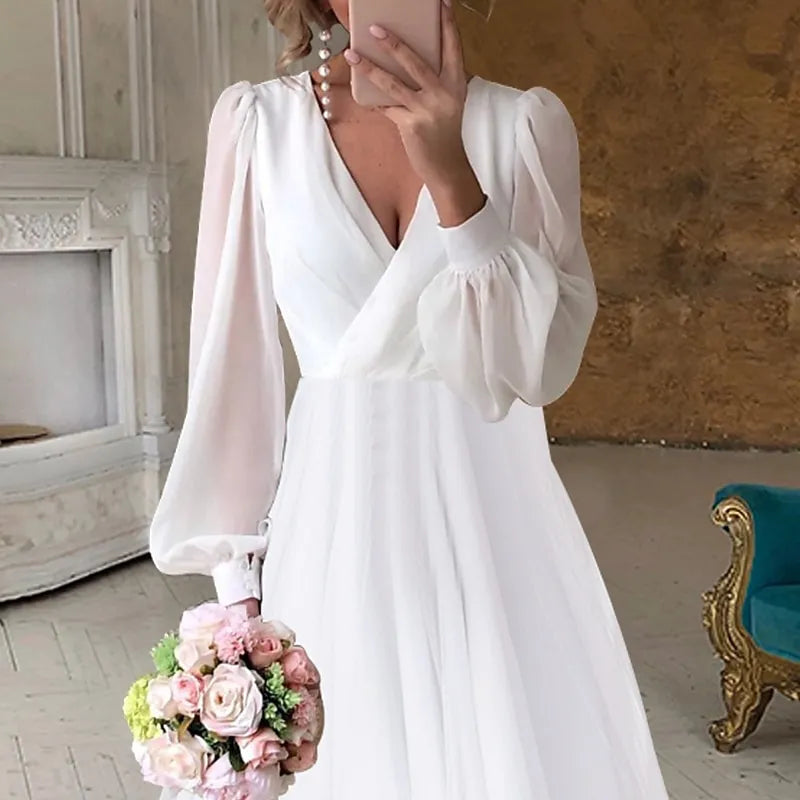 Ethereal A-line V-Neck Long Sleeve Ruffled White High-Low Prom Dress For Women