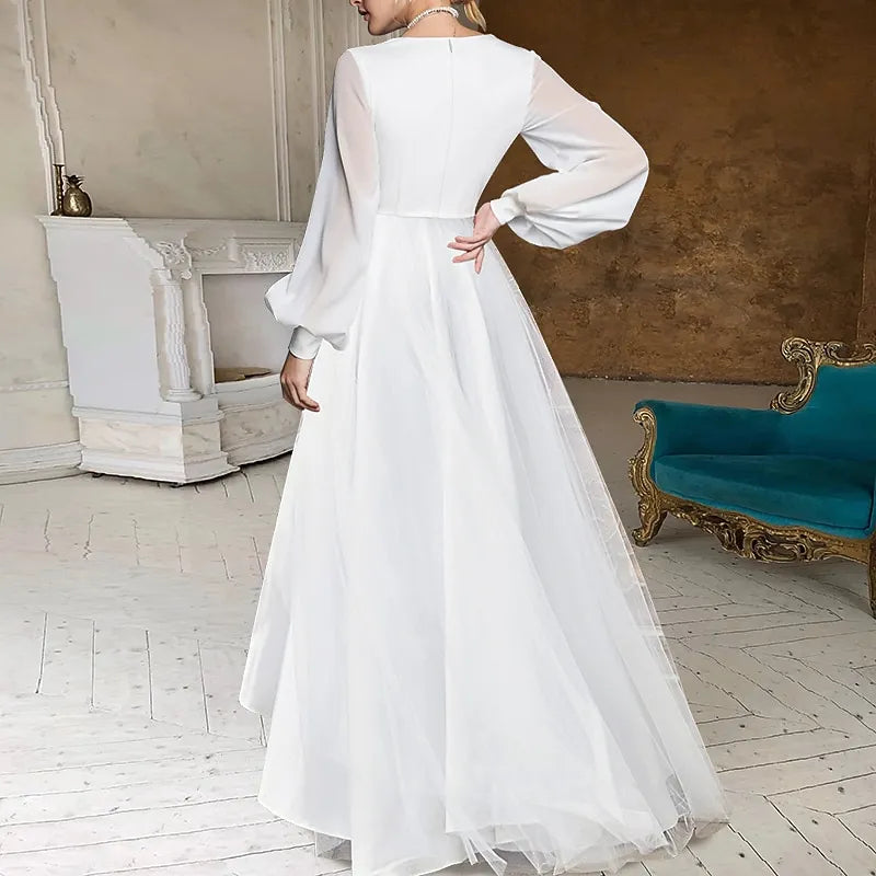 Ethereal A-line V-Neck Long Sleeve Ruffled White High-Low Prom Dress For Women