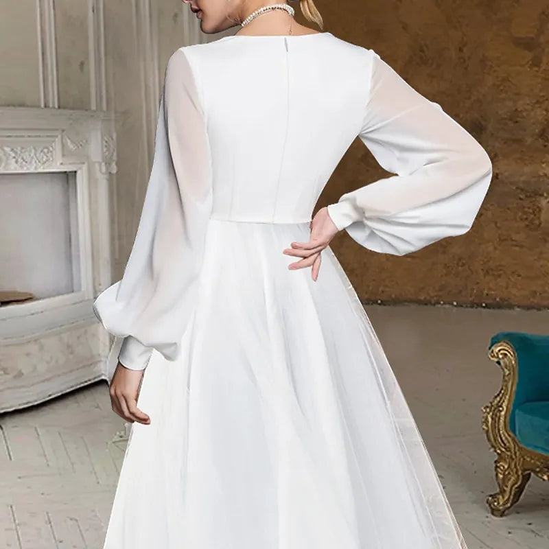 Ethereal A-line V-Neck Long Sleeve Ruffled White High-Low Prom Dress For Women