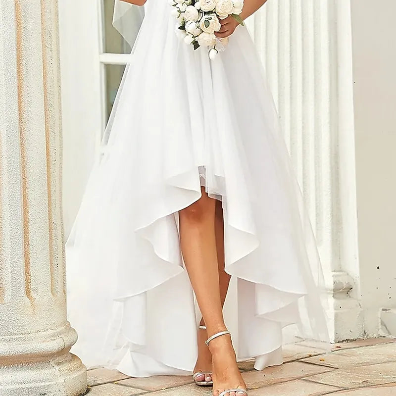 Ethereal A-line V-Neck Long Sleeve Ruffled White High-Low Prom Dress For Women