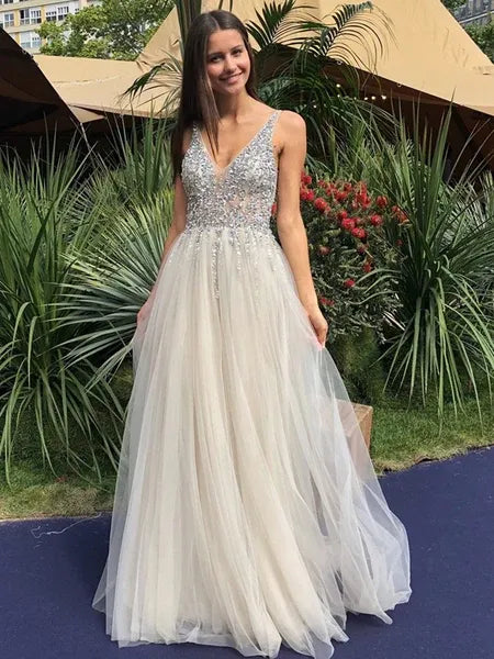Ethereal A Line V Neck Beaded Sequins Backless Tulle Ivory Train Prom Dress