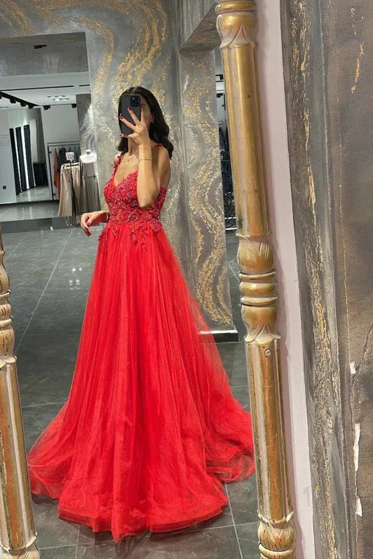 Ethereal Ballgown V-neck Sleeveless Beaded Red Floor-length Prom Dress for Women Custom