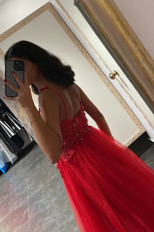 Ethereal Ballgown V-neck Sleeveless Beaded Red Floor-length Prom Dress for Women Custom