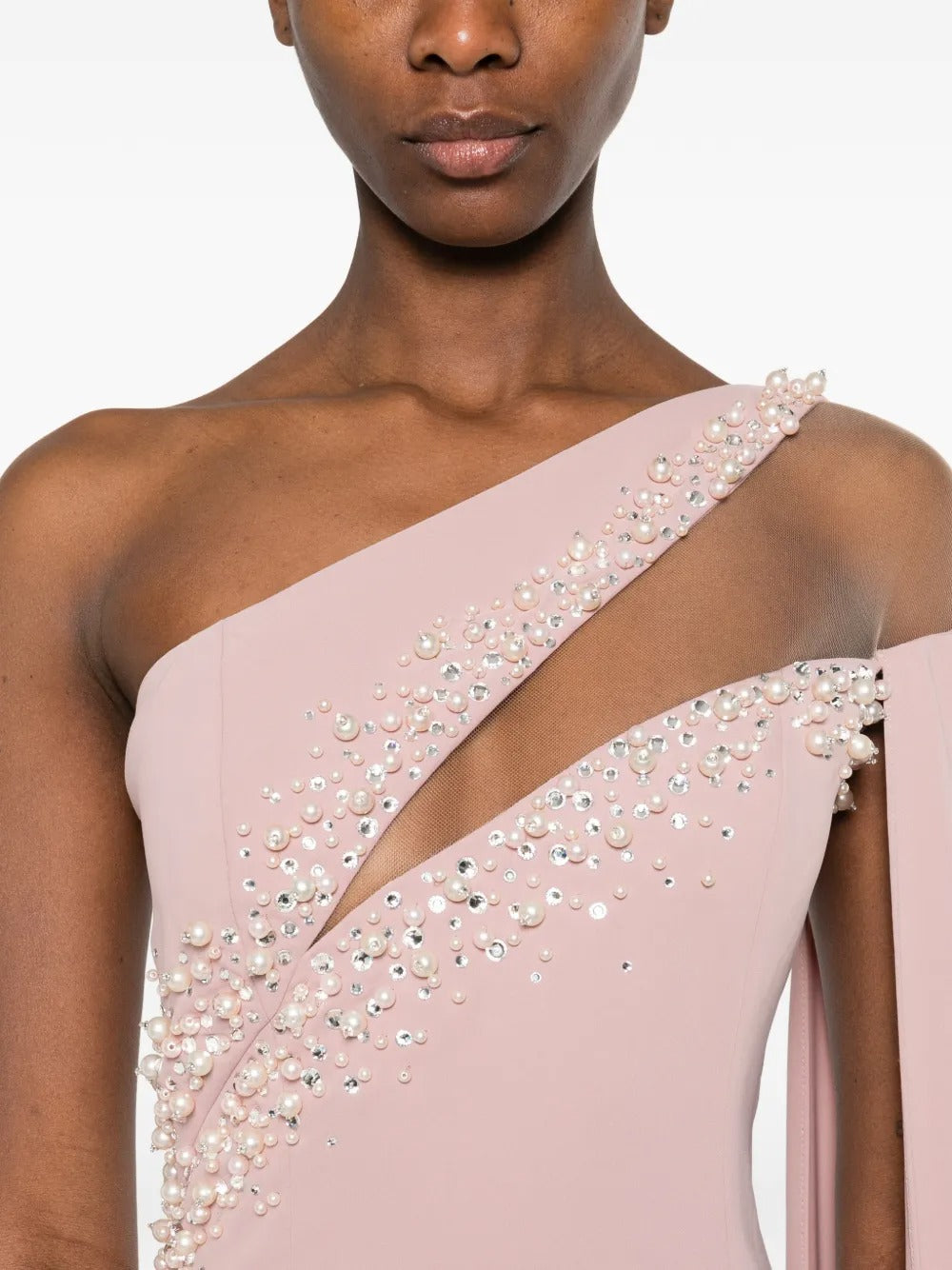 Ethereal Blush One-Shoulder Crystal-Embellished Cape Evening Dress