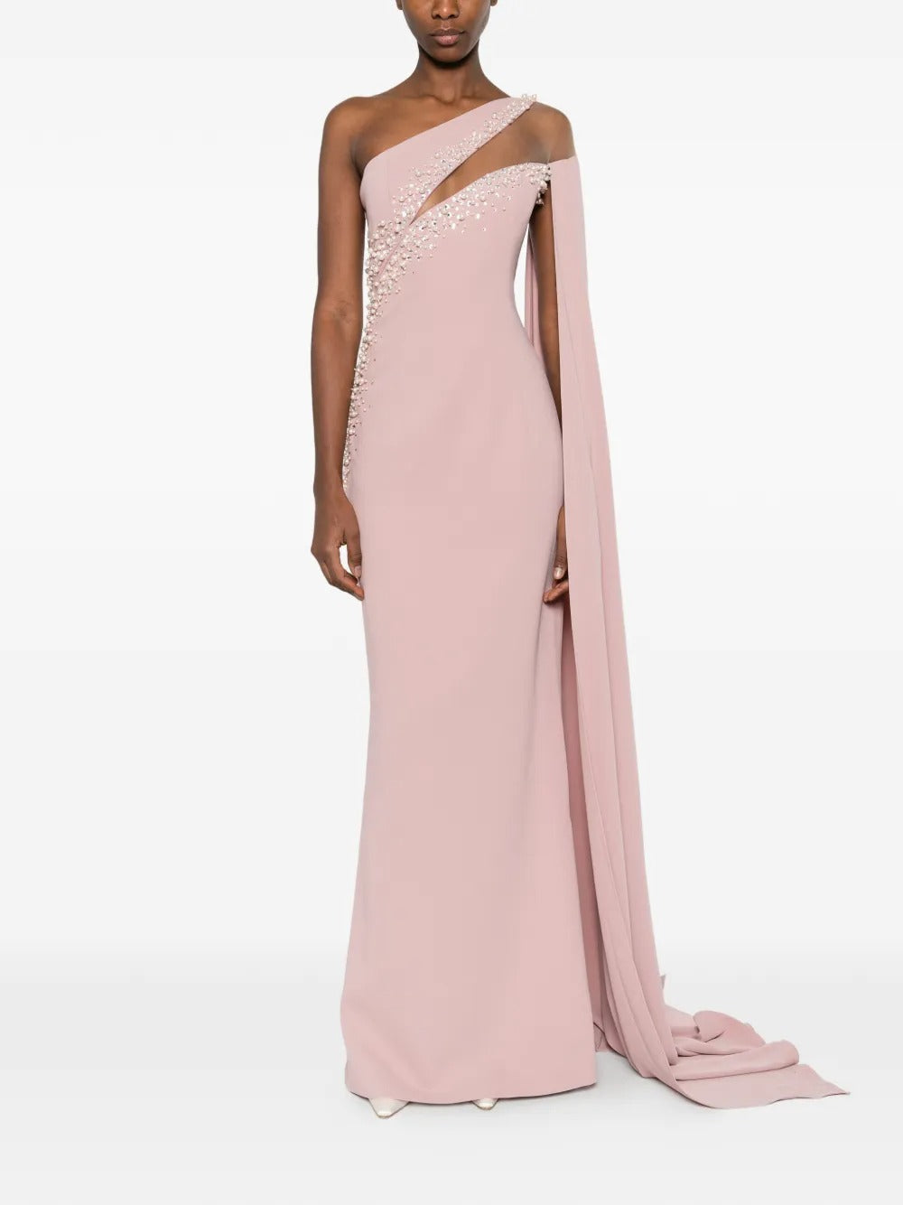 Ethereal Blush One-Shoulder Crystal-Embellished Cape Evening Dress