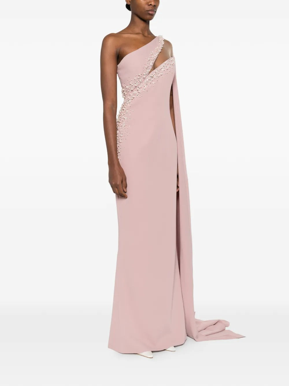Ethereal Blush One-Shoulder Crystal-Embellished Cape Evening Dress