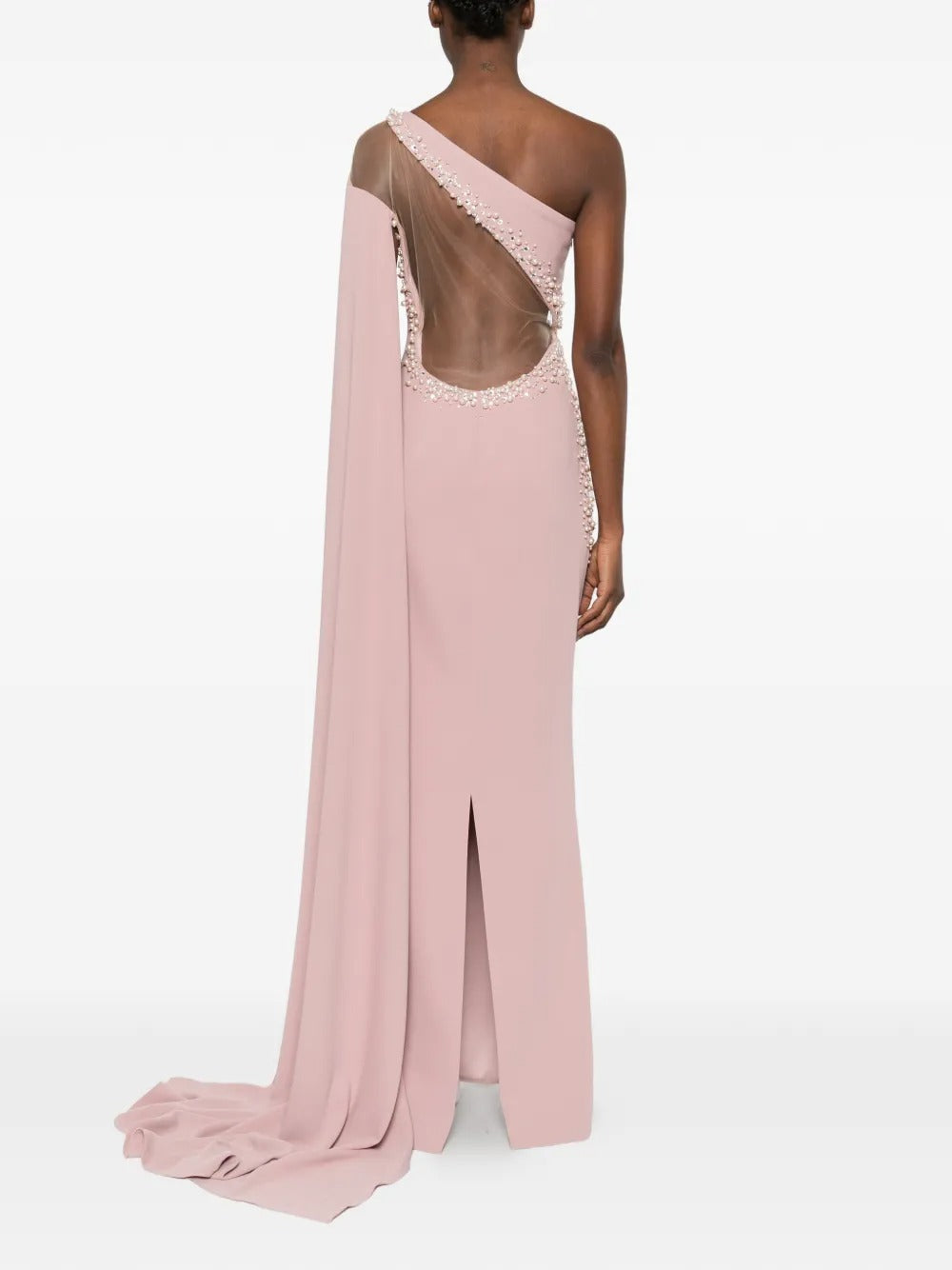 Ethereal Blush One-Shoulder Crystal-Embellished Cape Evening Dress