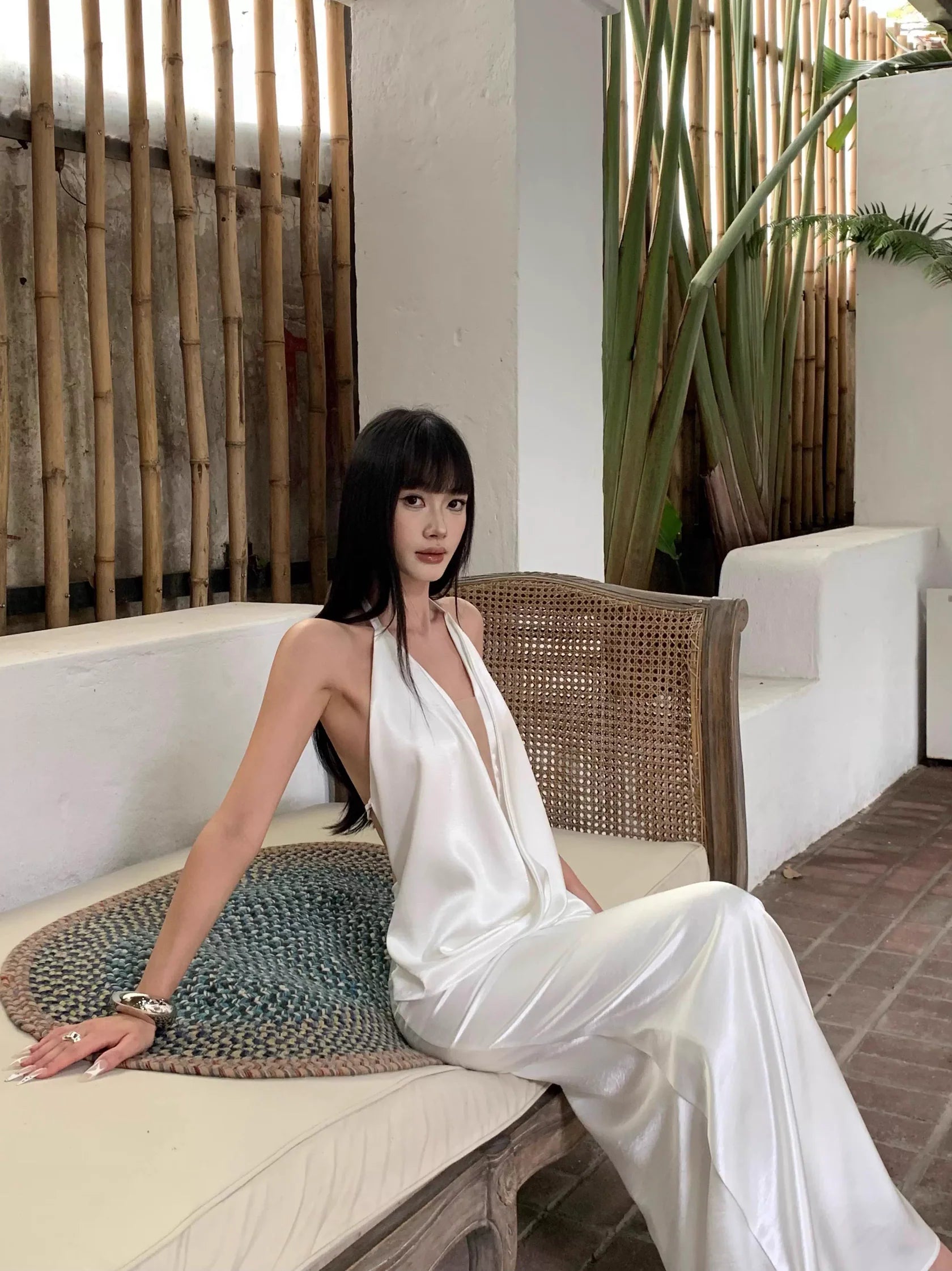 Ethereal Mermaid Halter-Neck Draped White Satin Long Evening Dresses