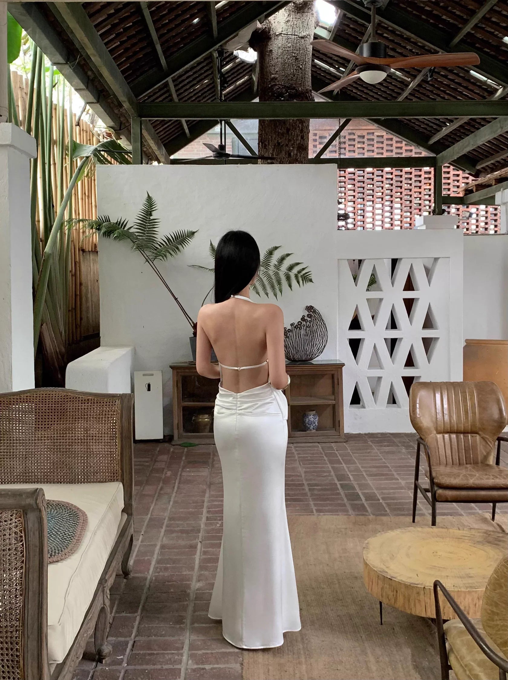 Ethereal Mermaid Halter-Neck Draped White Satin Long Evening Dresses