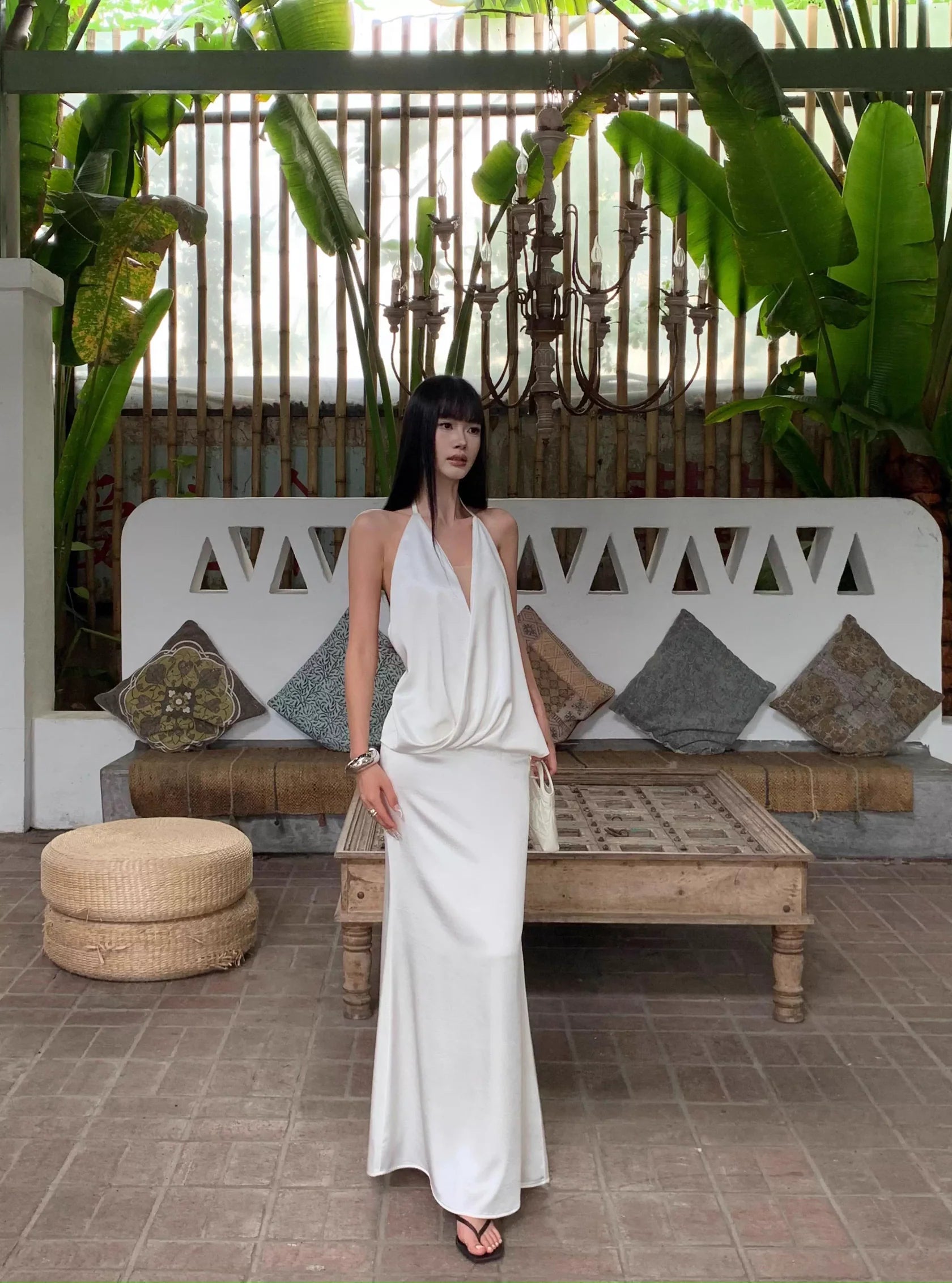 Ethereal Mermaid Halter-Neck Draped White Satin Long Evening Dresses