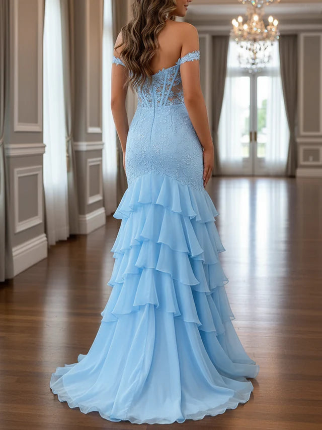 Ethereal Sky Blue Mermaid Sweetheart Off-Shoulder Lace-Up-Back Floor-Length Prom Dresses With Layered