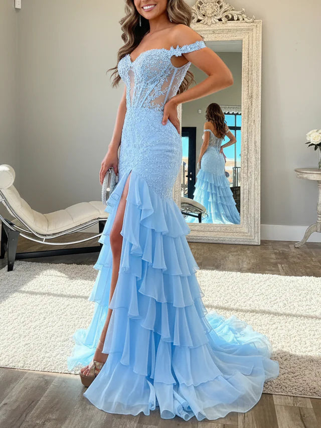 Ethereal Sky Blue Mermaid Sweetheart Off-Shoulder Lace-Up-Back Floor-Length Prom Dresses With Layered