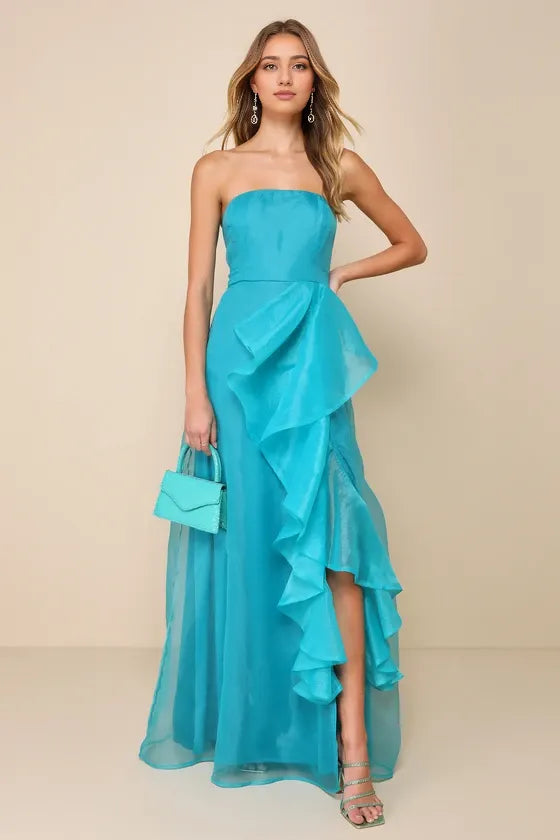 Exquisite Ease Teal Green Organza Strapless Ruffled Evening Dresses