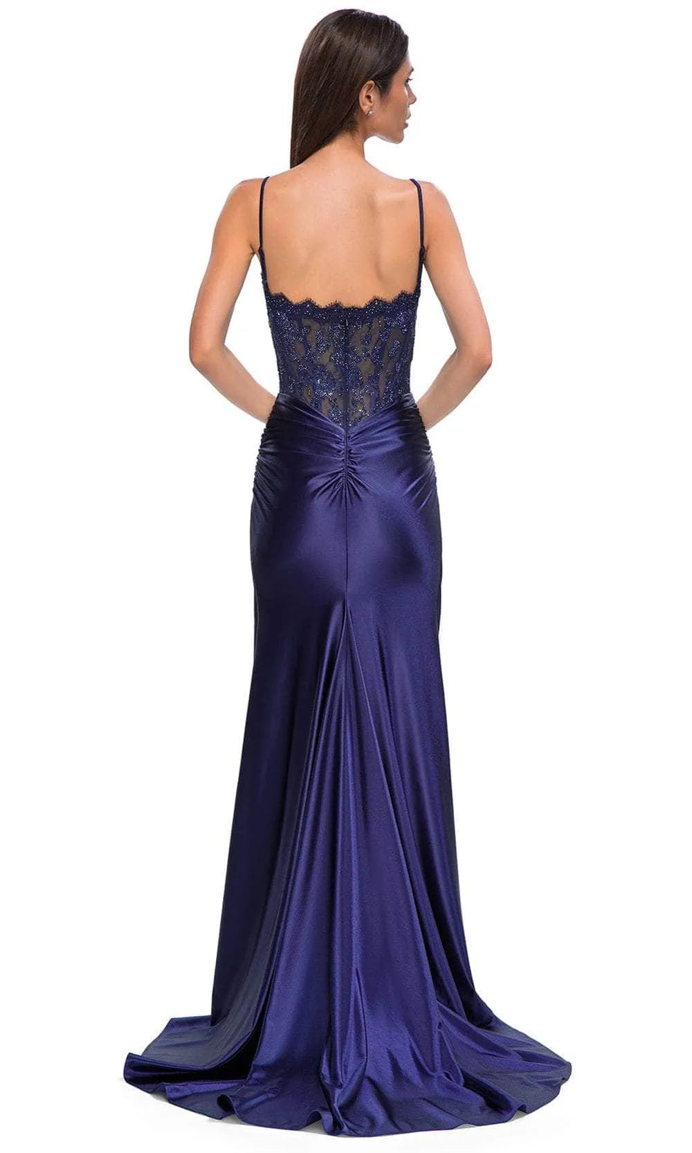 Exquisite Navy Blue Satin Prom Gown with Sparkling Lace Illusion Bodice and High Slit