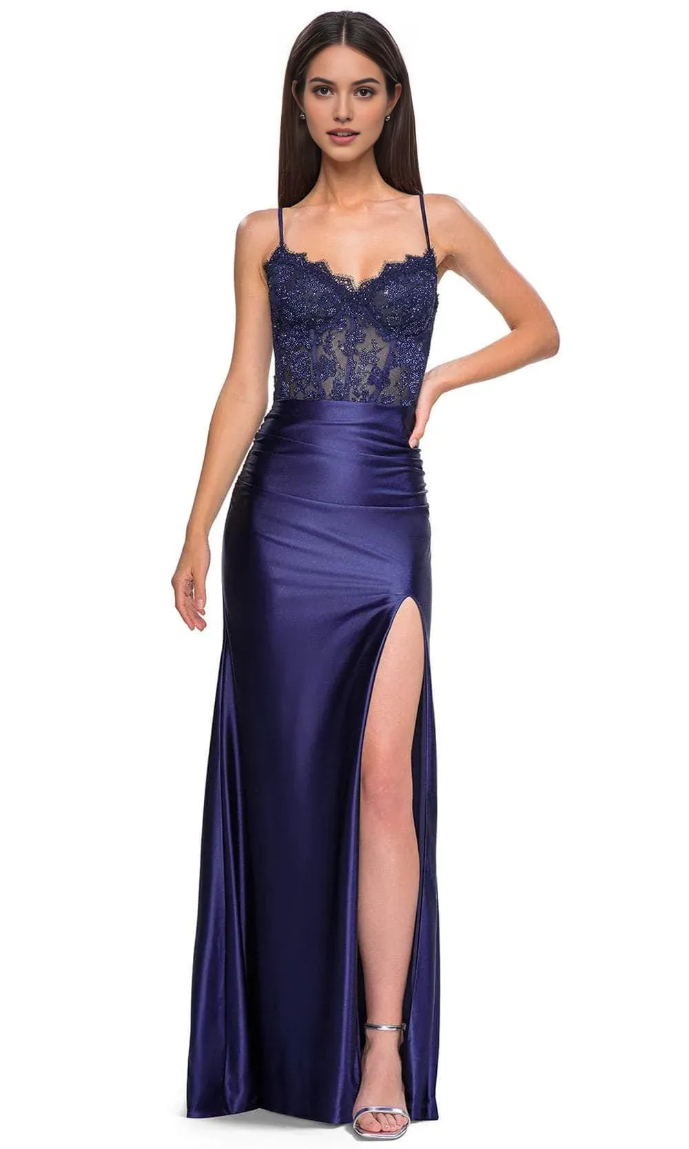 Exquisite Navy Blue Satin Prom Gown with Sparkling Lace Illusion Bodice and High Slit
