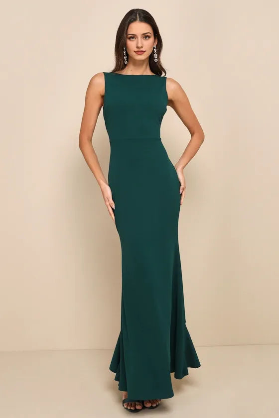 Exquisite Refinement Emerald Backless Bow Ruffled Evening Dresses