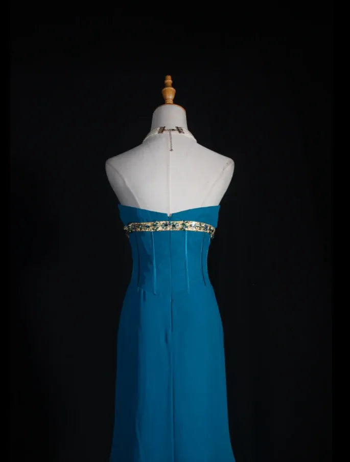 Exquisite Sheath Strapless Ruffle Beaded Chiffon Teal Long Evening Dress