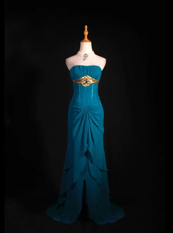 Exquisite Sheath Strapless Ruffle Beaded Chiffon Teal Long Evening Dress