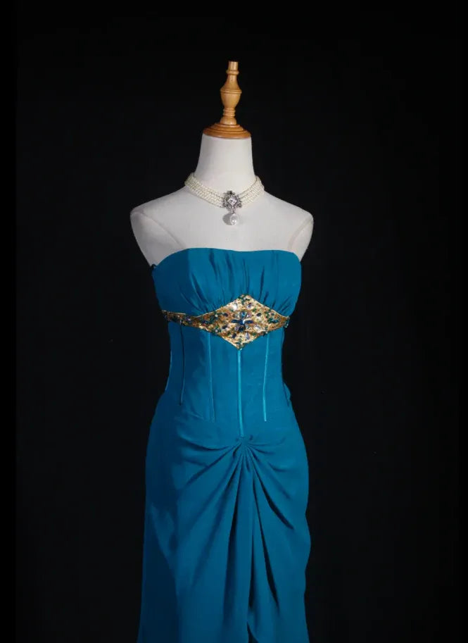 Exquisite Sheath Strapless Ruffle Beaded Chiffon Teal Long Evening Dress